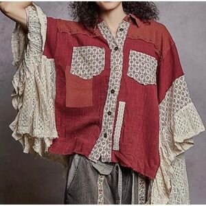 POL Western Boho Patchwork Crochet Blouse Cottagecore Oversized Boxy Large NWT